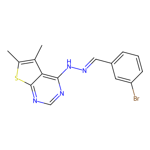 4-[(2E)-2-(3-bromobenzylidene)hydrazinyl]-5,6-dimethylthieno[2,3-d]pyrimidine structure