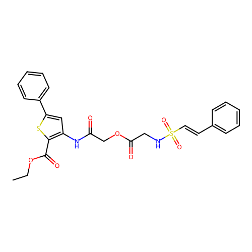 ethyl 5-phenyl-3-[[2-[2-[[(E)-2-phenylethenyl]sulfonylamino]acetyl]oxyacetyl]amino]thiophene-2-carboxylate structure