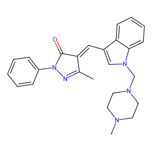 (4E)-5-methyl-4-({1-[(4-methylpiperazin-1-yl)methyl]-1H-indol-3-yl}methylidene)-2-phenyl-2,4-dihydro-3H-pyrazol-3-one structure
