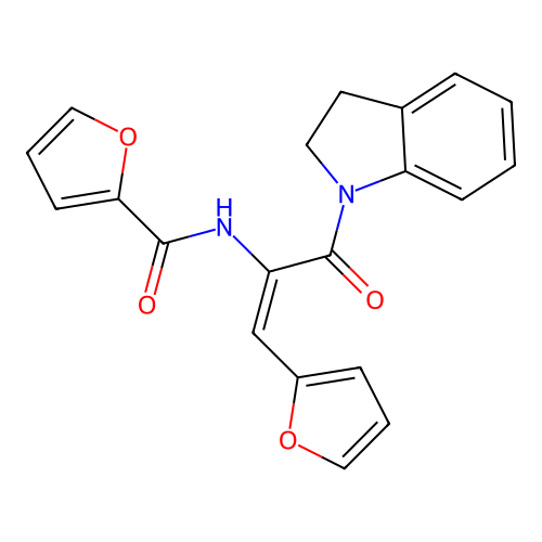 N-[(1E)-3-(2,3-dihydro-1H-indol-1-yl)-1-(furan-2-yl)-3-oxoprop-1-en-2-yl]furan-2-carboxamide structure