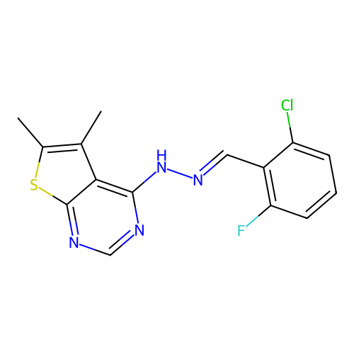 (E)-4-(2-(2-chloro-6-fluorobenzylidene)hydrazinyl)-5,6-dimethylthieno[2,3-d]pyrimidine structure