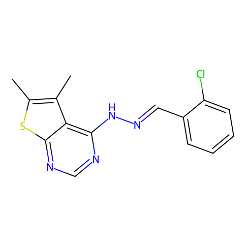 4-[(2E)-2-(2-chlorobenzylidene)hydrazinyl]-5,6-dimethylthieno[2,3-d]pyrimidine structure