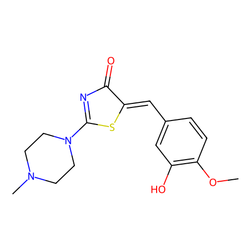 (5Z)-5-(3-hydroxy-4-methoxybenzylidene)-2-(4-methylpiperazin-1-yl)-1,3-thiazol-4(5H)-one structure