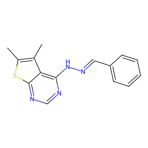 4-[(2E)-2-benzylidenehydrazinyl]-5,6-dimethylthieno[2,3-d]pyrimidine structure