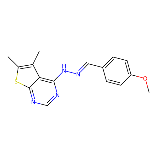 4-[(2E)-2-(4-methoxybenzylidene)hydrazinyl]-5,6-dimethylthieno[2,3-d]pyrimidine structure