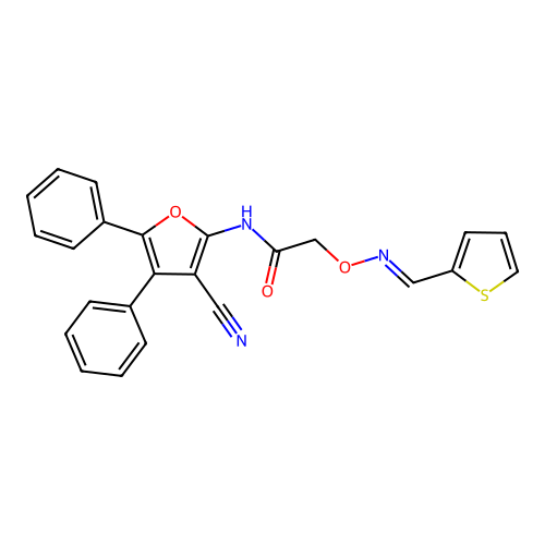 N-(3-cyano-4,5-diphenylfuran-2-yl)-2-({[(E)-thiophen-2-ylmethylidene]amino}oxy)acetamide structure