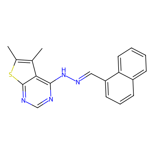 (E)-5,6-dimethyl-4-(2-(naphthalen-1-ylmethylene)hydrazinyl)thieno[2,3-d]pyrimidine structure