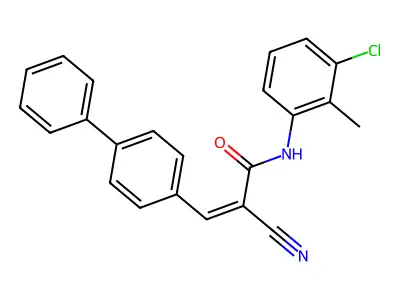 (Z)-N-(3-chloro-2-methylphenyl)-2-cyano-3-(4-phenylphenyl)prop-2-enamide structure