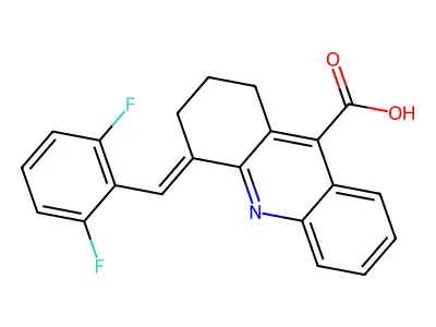 4-[(2,6-difluorophenyl)methylidene]-2,3-dihydro-1H-acridine-9-carboxylic acid structure