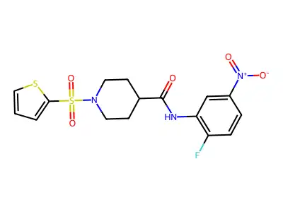 N-(2-fluoro-5-nitrophenyl)-1-thiophen-2-ylsulfonylpiperidine-4-carboxamide structure