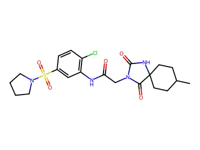 N-(2-chloro-5-pyrrolidin-1-ylsulfonylphenyl)-2-(8-methyl-2,4-dioxo-1,3-diazaspiro[4.5]decan-3-yl)acetamide structure