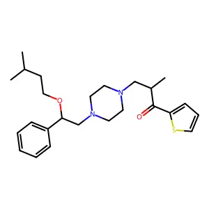 2-methyl-3-{4-[2-(3-methylbutoxy)-2-phenylethyl]piperazin-1-yl}-1-(thiophen-2-yl)propan-1-one structure