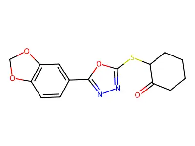 2-[[5-(1,3-Benzodioxol-5-yl)-1,3,4-oxadiazol-2-yl]sulfanyl]cyclohexan-1-one structure