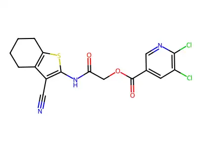 [2-[(3-cyano-4,5,6,7-tetrahydro-1-benzothiophen-2-yl)amino]-2-oxoethyl] 5,6-dichloropyridine-3-carboxylate structure
