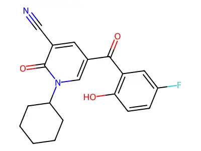1-cyclohexyl-5-(5-fluoro-2-hydroxybenzoyl)-2-oxo-1,2-dihydropyridine-3-carbonitrile structure