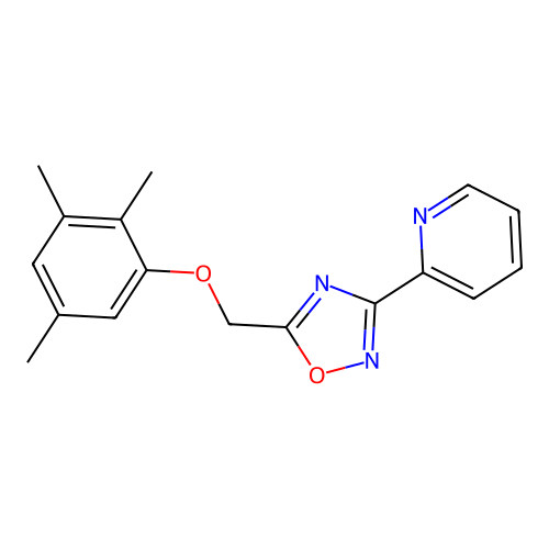 2-{5-[(2,3,5-Trimethylphenoxy)methyl]-1,2,4-oxadiazol-3-yl}pyridine structure