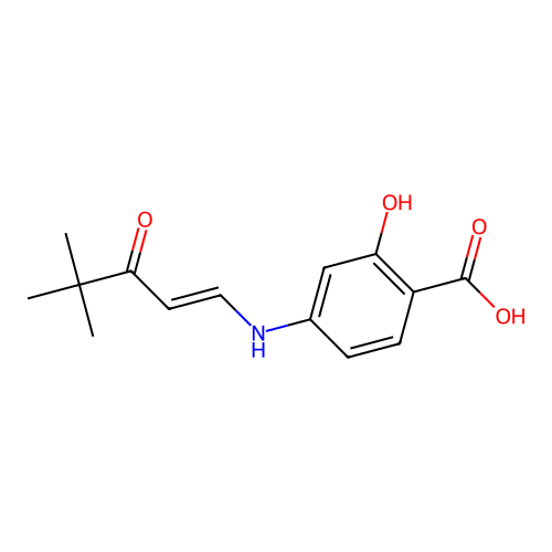 (E)-4-((4,4-dimethyl-3-oxopent-1-en-1-yl)amino)-2-hydroxybenzoic acid structure