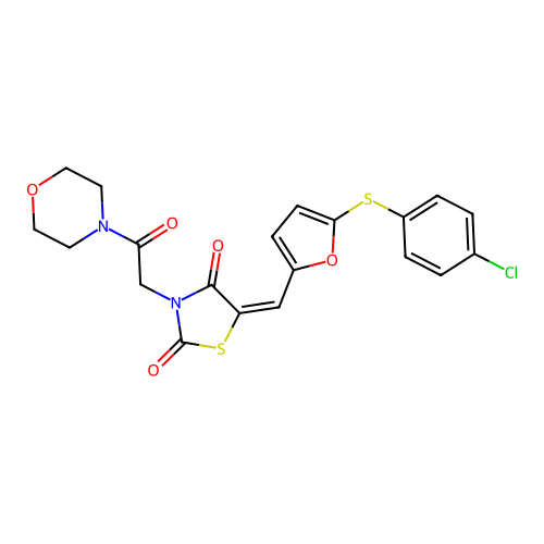 (5E)-5-[[5-(4-chlorophenyl)sulfanylfuran-2-yl]methylidene]-3-(2-morpholin-4-yl-2-oxoethyl)-1,3-thiazolidine-2,4-dione structure