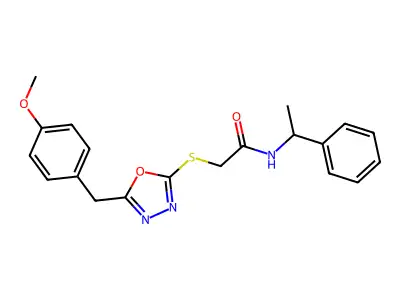 2-[[5-[(4-methoxyphenyl)methyl]-1,3,4-oxadiazol-2-yl]sulfanyl]-N-(1-phenylethyl)acetamide structure