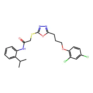 2-({5-[3-(2,4-dichlorophenoxy)propyl]-1,3,4-oxadiazol-2-yl}sulfanyl)-N-[2-(propan-2-yl)phenyl]acetamide structure
