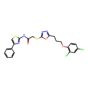 2-({5-[3-(2,4-dichlorophenoxy)propyl]-1,3,4-oxadiazol-2-yl}sulfanyl)-N-(4-phenyl-1,3-thiazol-2-yl)acetamide structure