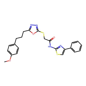 2-({5-[3-(4-methoxyphenyl)propyl]-1,3,4-oxadiazol-2-yl}sulfanyl)-N-(4-phenyl-1,3-thiazol-2-yl)acetamide structure