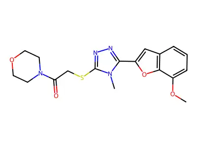 2-[[5-(7-methoxy-1-benzofuran-2-yl)-4-methyl-1,2,4-triazol-3-yl]sulfanyl]-1-morpholin-4-ylethanone structure