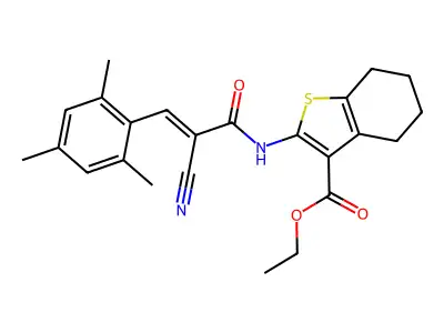 ethyl 2-[[(E)-2-cyano-3-(2,4,6-trimethylphenyl)prop-2-enoyl]amino]-4,5,6,7-tetrahydro-1-benzothiophene-3-carboxylate structure