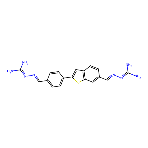 Hydrazinecarboximidamide, 2-((4-(6-(((aminoiminomethyl)hydrazono)methyl)benzo(b)thien-2-yl)phenyl)methylene)- structure
