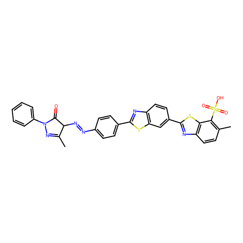 6-Methyl-2'-{4-[(3-methyl-5-oxo-1-phenyl-4,5-dihydro-1H-pyrazol-4-yl)diazenyl]phenyl}[2,6'-bi-1,3-benzothiazole]-7-sulfonic acid structure