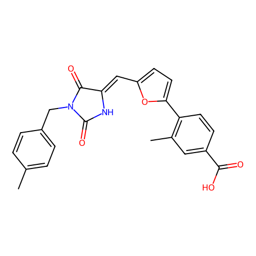 (Z)-3-methyl-4-(5-((1-(4-methylbenzyl)-2,5-dioxoimidazolidin-4-ylidene)methyl)furan-2-yl)benzoic acid structure