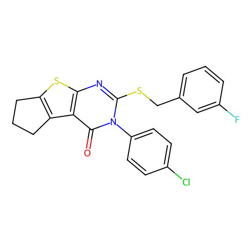 3-(4-chlorophenyl)-2-((3-fluorobenzyl)thio)-6,7-dihydro-3H-cyclopenta[4,5]thieno[2,3-d]pyrimidin-4(5H)-one structure