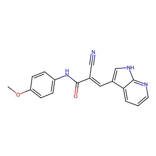 (2E)-2-cyano-N-(4-methoxyphenyl)-3-(1H-pyrrolo[2,3-b]pyridin-3-yl)prop-2-enamide structure