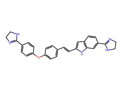 1H-Indole, 6-(4,5-dihydro-1H-imidazol-2-yl)-2-(2-(4-(4-(4,5-dihydro-1H-imidazol-2-yl)phenoxy)phenyl)ethenyl)- structure
