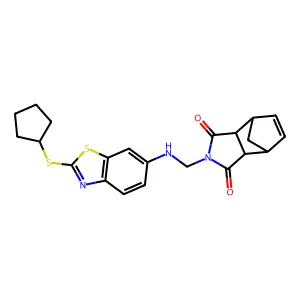 2-({[2-(Cyclopentylsulfanyl)-1,3-benzothiazol-6-yl]amino}methyl)-3a,4,7,7a-tetrahydro-1H-4,7-methanoisoindole-1,3(2H)-dione structure