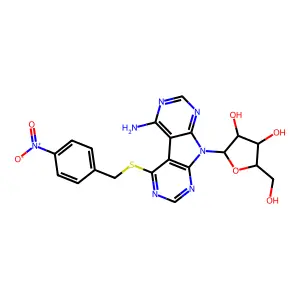 2-[3-Amino-13-[(4-nitrophenyl)methylsulfanyl]-4,6,8,10,12-pentazatricyclo[7.4.0.02,7]trideca-1(9),2,4,6,10,12-hexaen-8-yl]-5-(hydroxymethyl)oxolane-3,4-diol structure