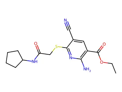 ethyl 2-amino-5-cyano-6-[2-(cyclopentylamino)-2-oxoethyl]sulfanylpyridine-3-carboxylate structure