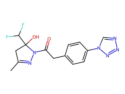1-[5-(difluoromethyl)-5-hydroxy-3-methyl-4H-pyrazol-1-yl]-2-[4-(tetrazol-1-yl)phenyl]ethanone structure