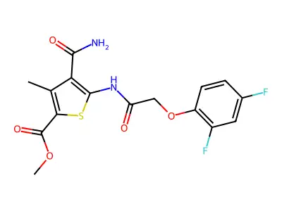 methyl 4-carbamoyl-5-(2-(2,4-difluorophenoxy)acetamido)-3-methylthiophene-2-carboxylate structure