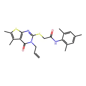 2-(5,6-dimethyl-4-oxo-3-prop-2-enyl(3-hydrothiopheno[2,3-d]pyrimidin-2-ylthio))-N-(2,4,6-trimethylphenyl)acetamide structure