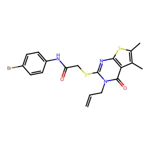 2-((3-allyl-5,6-dimethyl-4-oxo-3,4-dihydrothieno[2,3-d]pyrimidin-2-yl)thio)-N-(4-bromophenyl)acetamide structure