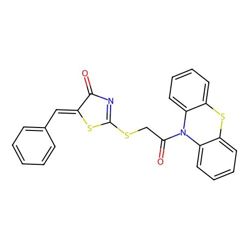 (5Z)-5-benzylidene-2-(2-oxo-2-phenothiazin-10-ylethyl)sulfanyl-1,3-thiazol-4-one structure