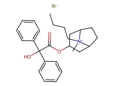 1-alpha-H,5-alpha-H-Tropanium, 8-butyl-3-hydroxy-, bromide, benzilate structure