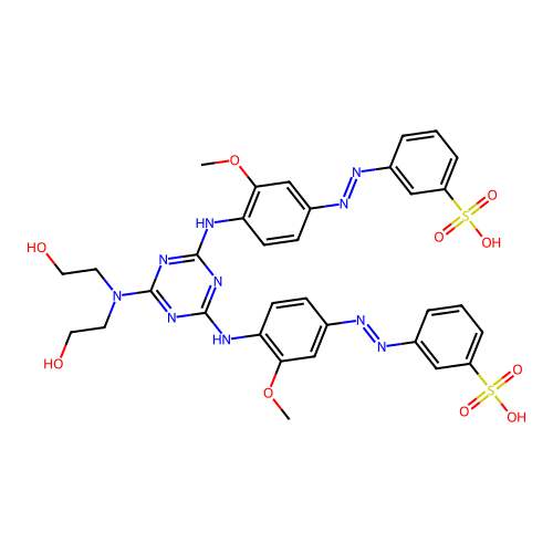 3,3'-[[6-[Bis(2-hydroxyethyl)amino]-1,3,5-triazine-2,4-diyl]bis[imino(3-methoxy-4,1-phenylene)-2,1-diazenediyl]]bis[benzenesulfonic acid] structure