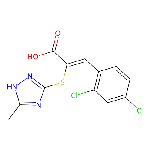 (Z)-3-(2,4-dichlorophenyl)-2-((5-methyl-4H-1,2,4-triazol-3-yl)thio)acrylic acid structure