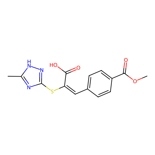 (2E)-3-[4-(methoxycarbonyl)phenyl]-2-[(3-methyl-1H-1,2,4-triazol-4-ium-5-yl)sulfanyl]prop-2-enoate structure