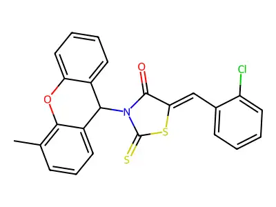 (5Z)-5-[(2-chlorophenyl)methylidene]-3-(4-methyl-9H-xanthen-9-yl)-2-sulfanylidene-1,3-thiazolidin-4-one structure