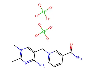 1-[(4-Amino-1,2-dimethylpyrimidin-1-ium-5-yl)methyl]-3-carbamoylpyridin-1-ium diperchlorate structure