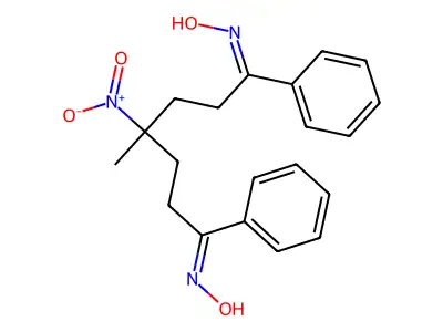 N-(7-hydroxyimino-4-methyl-4-nitro-1,7-diphenylheptylidene)hydroxylamine structure