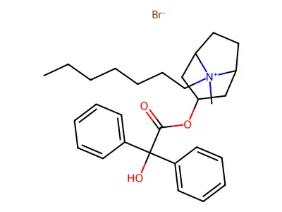 1-alpha-H,5-alpha-H-Tropanium, 8-heptyl-3-hydroxy-, bromide, benzilate structure